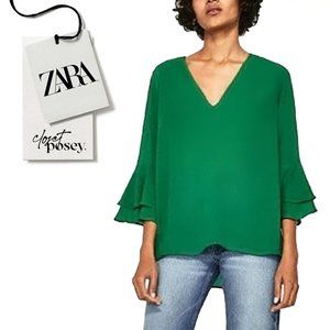 NWT . zara . v-neck blouse . green . small